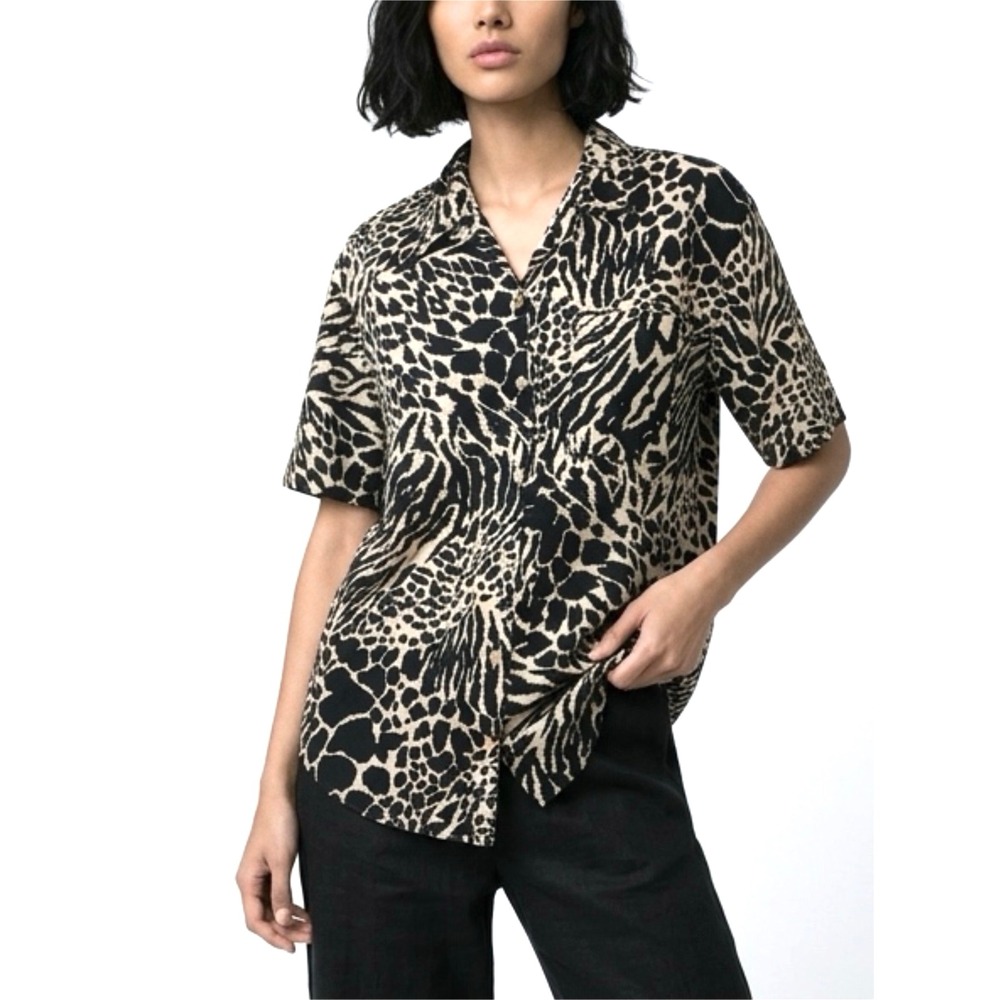 Theo Womens Animal Print Short Sleeve Button Down Shirt Tan Black Size 10